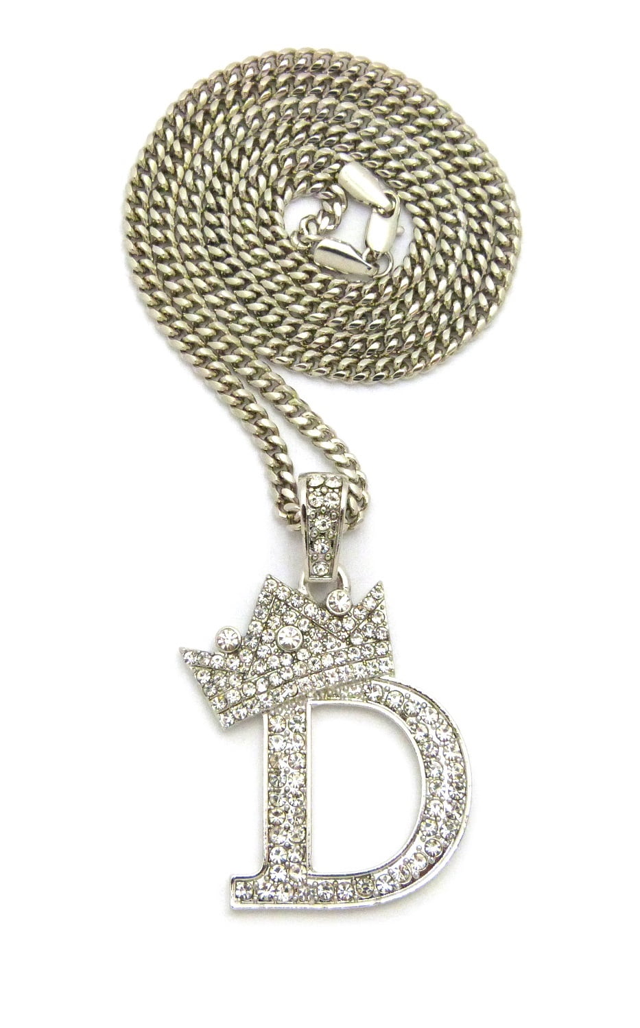 Stone Stud Tilted Crown Initial D Pendant with 4mm Cuban Chain Necklace ...