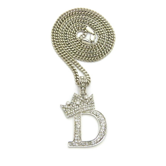 Stone Stud Tilted Crown Initial D Pendant with 4mm Cuban Chain Necklace, Silver-Tone/24"