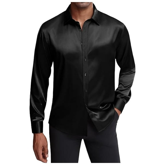 Bcfgryg Men's Silk Satin Dress Shirts Long Sleeve Button Up Shirts Party Prom Wedding Shirt Black