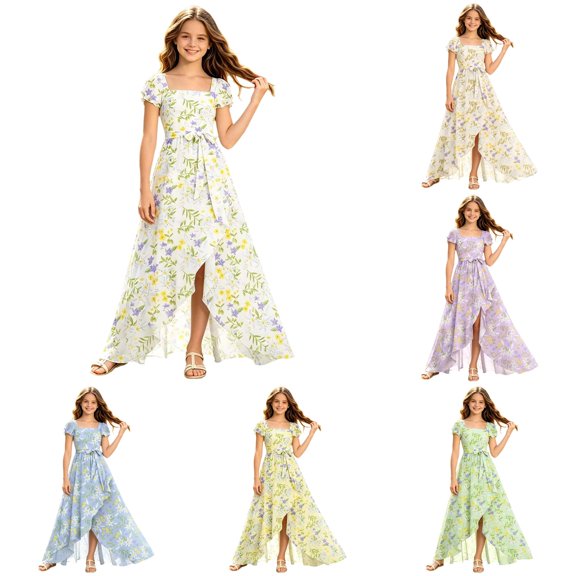 FYDUU Flower Girl Dress Summer Girls Flutter Sleeve Floral Dresses Elegant Flowy Ruffle Long Dress Stysligh Party A-Line Sundress 11-12 Years