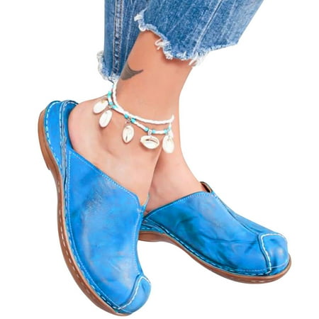 

Women Casual Flat Shoes Slip On Sandals Slippers Loafers Comfort Round Toe Mules Daily Blue 40