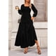 thumbnail image 3 of Vestido PRETTYGARDEN de Manga Larga con Fruncido y Escote Cuadrado Negro Talla L, 3 of 8