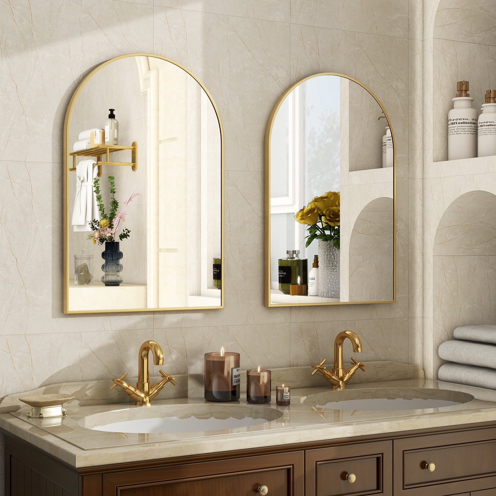 Lumora 38.5" x 26" Arched Bathroom Mirror Wall Mirror Leaning or Wall Mounted, Gold