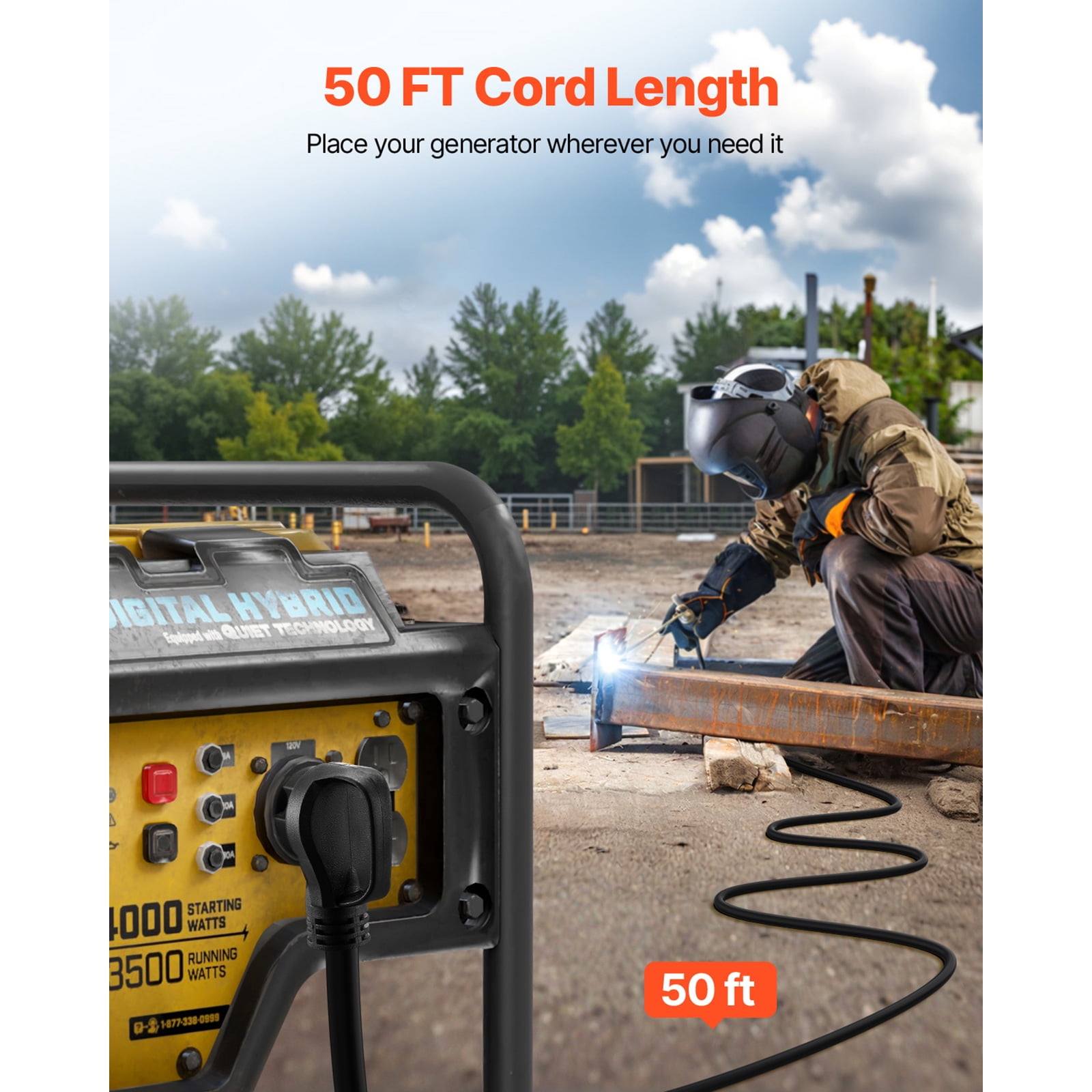 KFFKFF 50-Amp Energy Extension Line, 50 Feet, 250 Volts 12500 Watts Durable Power Cable, NEMA 6-50R NEMA 6-50P SWT 6AWG Versatile Welder Extension Cord, Comes with Storage Bag