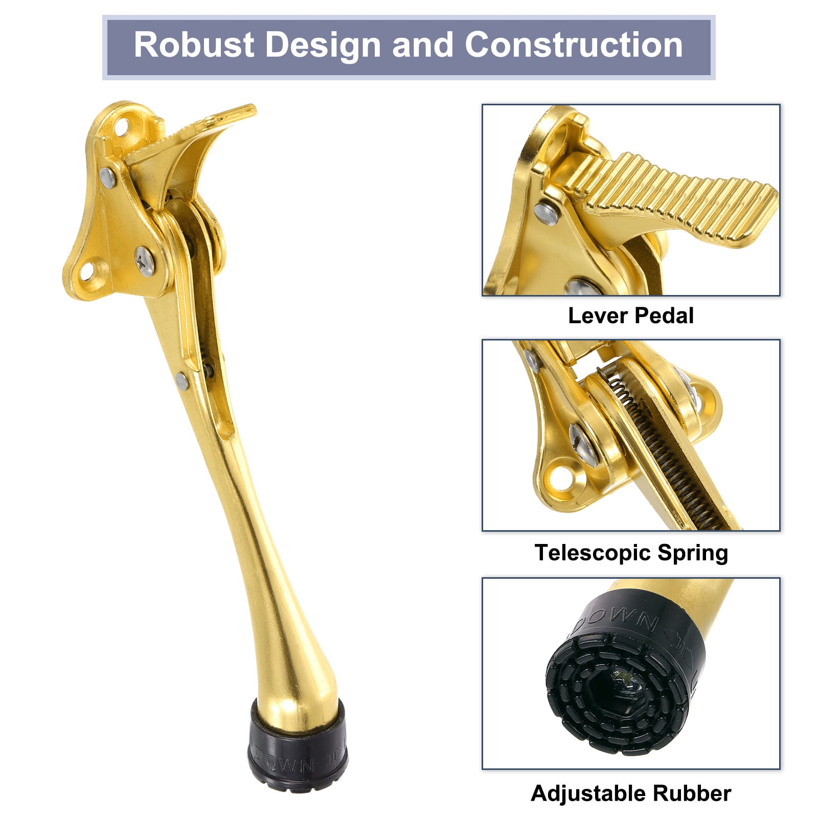 Uxcell 6 Inch Kickdown Door Stopper, One Touch Pedal Heavy Duty Door Stop Holder, Height-Adjustable Rubber Foot, (Gold, 2 Pack)