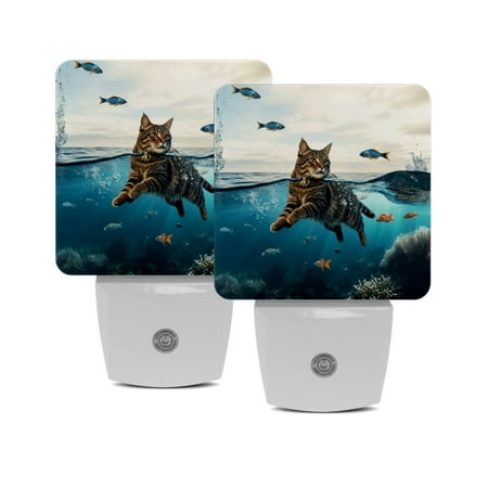 

Night Lights Plug Into Wall [2 Pack] Night Light for Kids LED Nightlight with Dusk to Dawn Sensor for Bathroom Decor Children Room Tropical Ocean Summer Swimming Animal Cat Funny