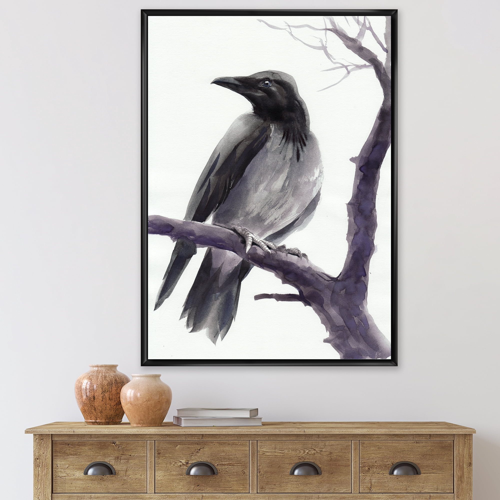 Big Crow Sitting On A Branch 24 in x 32 in Framed Painting Canvas Art Print, by Designart