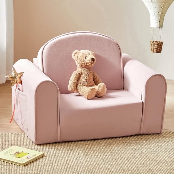 Tiny Land GentleSnug Foam Sofa for Kids, 2-in-1 Foldabel Sofa with Side Pockets, Convertible Kids Chair for Playroom, Bedroom or Living Room,Pink