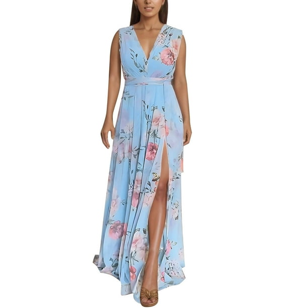 Gibobby Vestidos para Mujer Casuales Vestido casual de mujer elegante de gasa sin mangas de verano con estampado floral y dobladillo dividido(Azul celeste,XL)