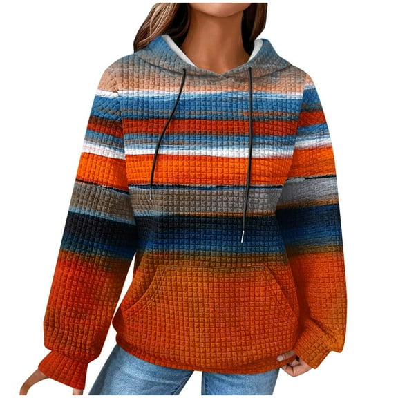 VEKDONE Women's Waffle Knit Hoodie Stripe Color Block Pullover Sweatshirt Plus Size Drawstring Hooded Sweatshirts Fall Fashion Loose Fit Hoodies with Kangaroo Pockets