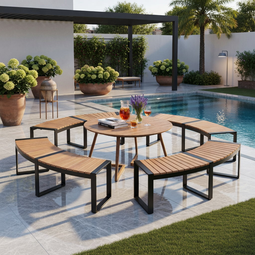 Hommoo 2-Piece Curved Patio Bench Set, Acacia Wood Slatted Seat with Powder-Coated Metal Legs, Outdoor Seating for Backyard, Poolside & Balcony, Yellow
