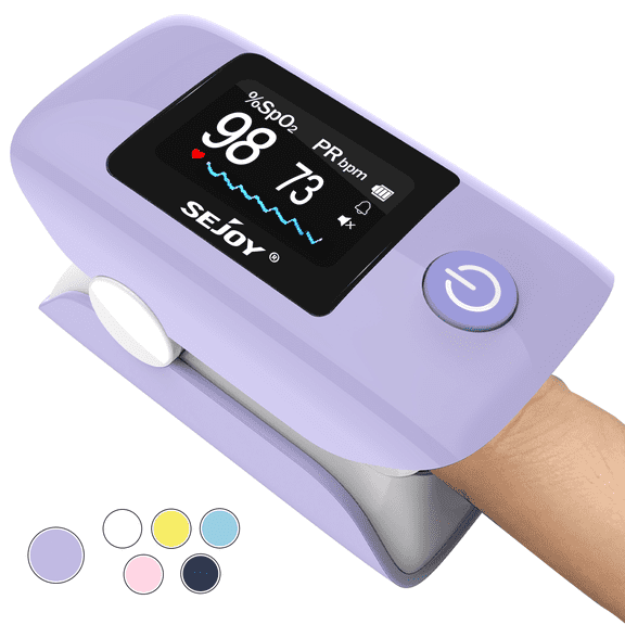 Sejoy Pulse Oximeter Fingertip with Sound Reminder, Smart Blood Oxygen Saturation Monitor with Carrying Bag, Batteries, and Lanyard - Purple