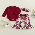 thumbnail image 2 of MesaSe Infant Girl Autumn Clothes Set  Solid Color Ribbed Long Sleeve High Neck Romper + Flower Leaf Print Flare Pants + Headband, 2 of 9
