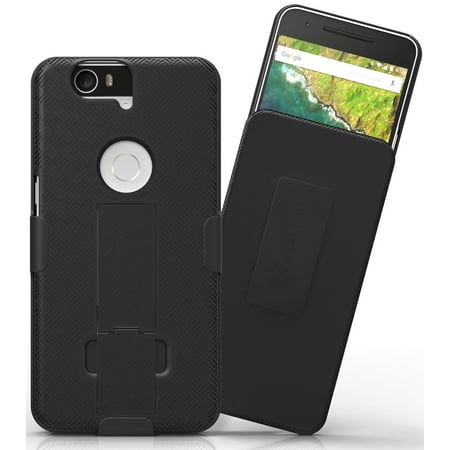 Nexus 6P Case: Stalion® Secure Shell & Belt Clip Holster Combo with Kickstand for Huawei Google Nexus 6P (Jet Black) 180° Rotating Locking