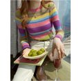 thumbnail image 5 of Sweet Rainbow Stripe Slim Fit Autumn Women's Sweater Basic Short Pullover Harajuku Knitted Sweater-Light Green-S, 5 of 7
