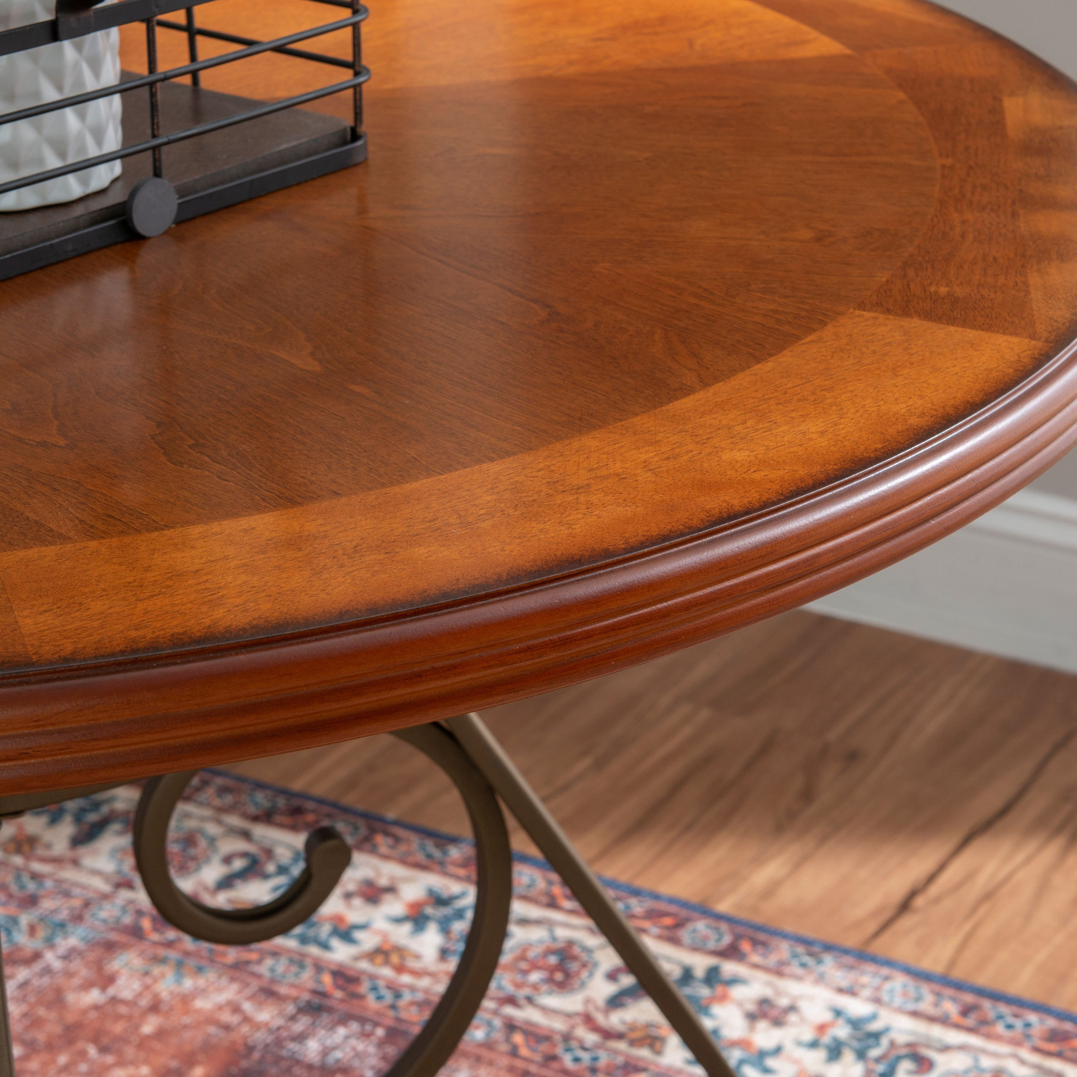 Roselyn 45" Round Dining Table, Brushed Faux Medium Cherry Wood with "Matte Pewter and Bronze" Metal