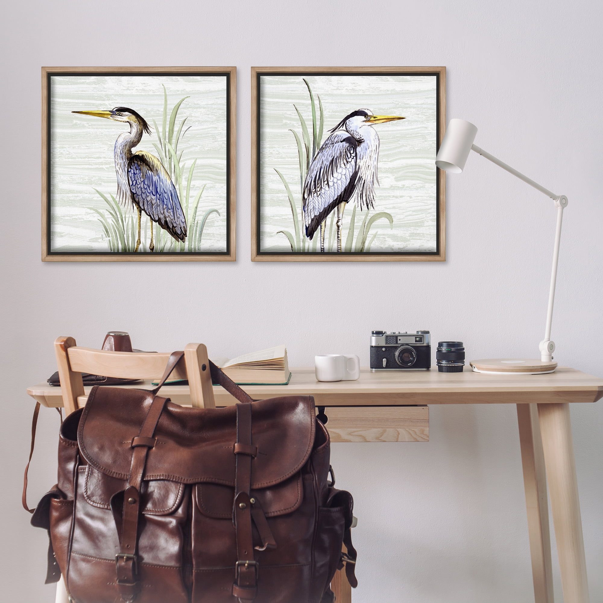 Stupell Industries Coastal Birds on Birch Animals Painting Brown Floater Framed Canvas Art Print Wall Art, 25 x 25, Set of 2