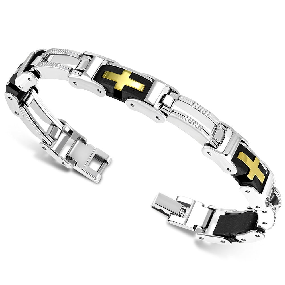 Stainless Steel Two-Tone Religious Cross Men's Link Bracelet, 8'