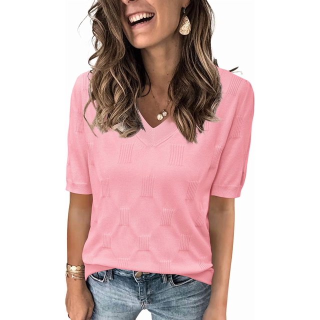 Arach&Cloz Women's V-Neck Short Sleeve Special Rib Knitted Pattern Casual Tops Sweater Spring Summer 2025