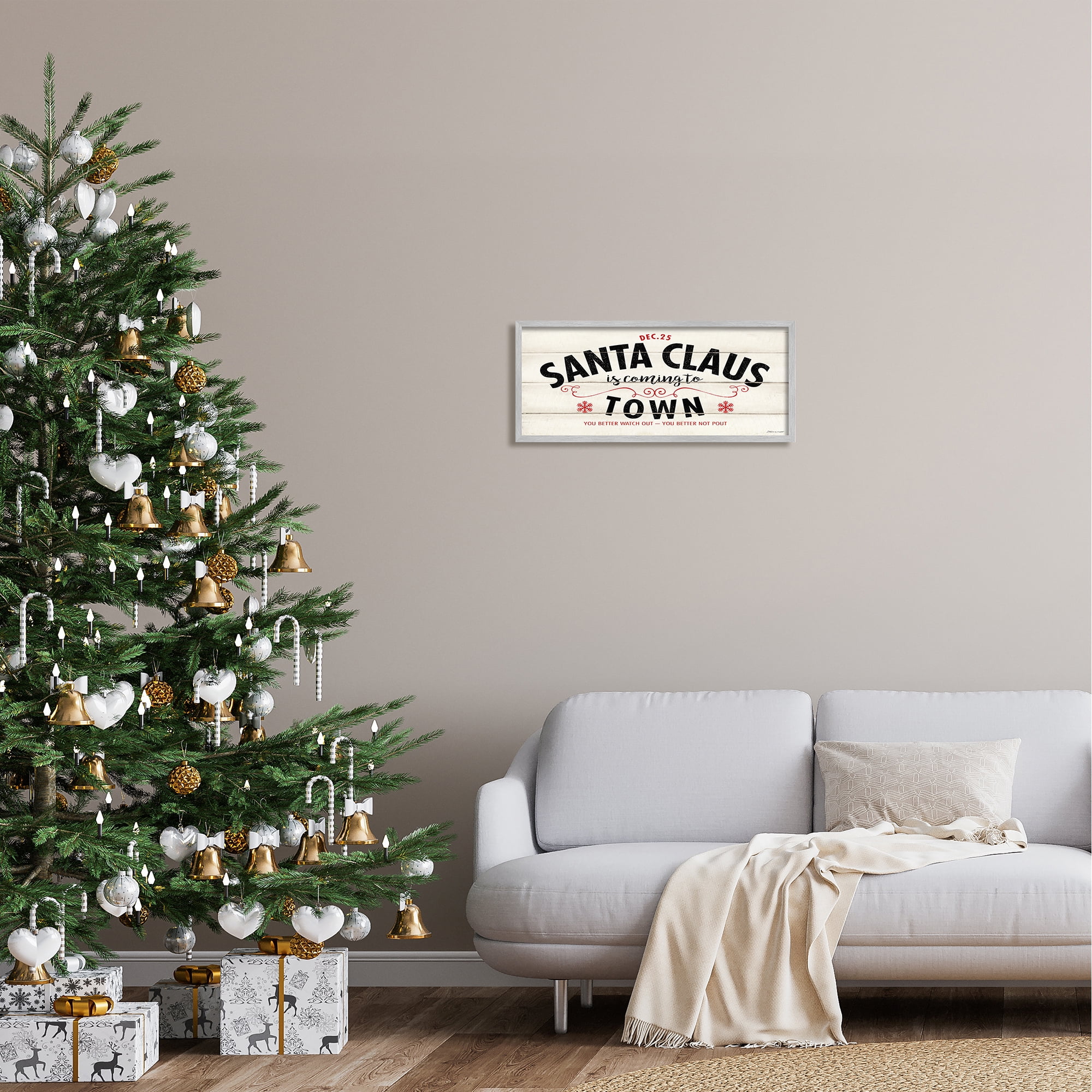 Stupell Industries Santa Claus Coming To Town Rustic Holiday Painting Gray Framed Art Print Wall Art