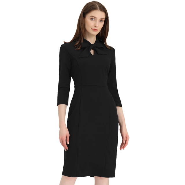 Vestidos de vaina para mujer con cuello de lazo delantero, manga 3/4, vestido ajustado de trabajo Negro S