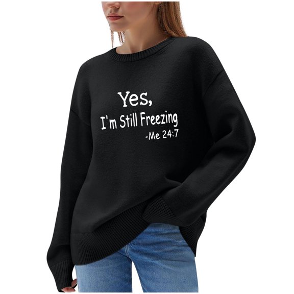 qelini Fall Sweaters for Women Sayings Letter Print Crewneck Pullover Long Sleeve Tops Casual Dressy Knitted Blouses
