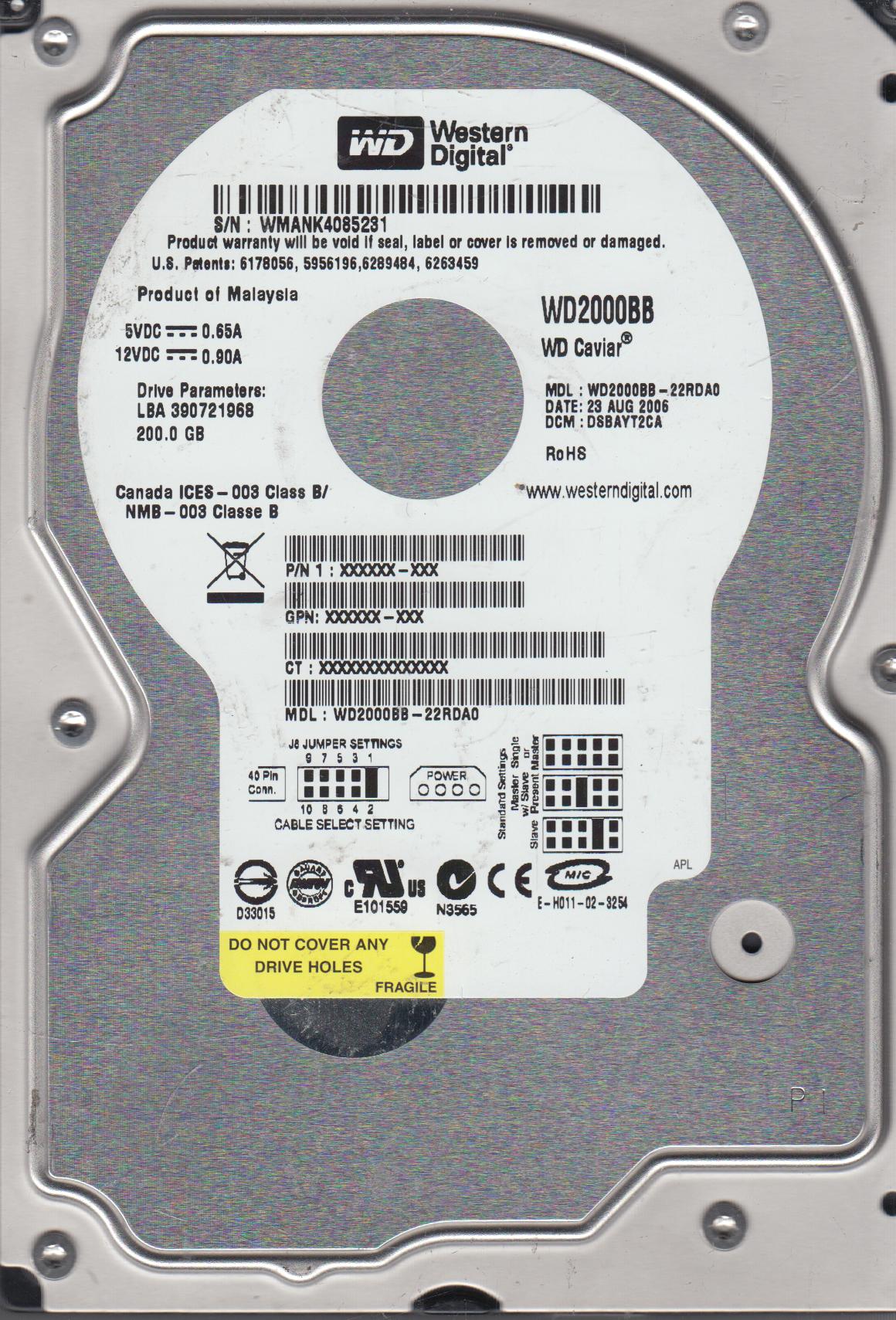 WD2000BB-22RDA0, DCM DSBAYT2CA, Western Digital 200GB IDE 3.5 Hard Drive - image 1 of 1