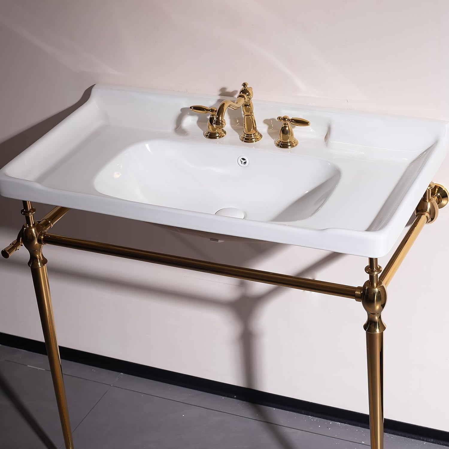 36"Console Bathroom Sink, Freestanding Console Sink With Stainless Brushed Gold Legs, Modern Bathroom Vanity with 3 Tap Holes