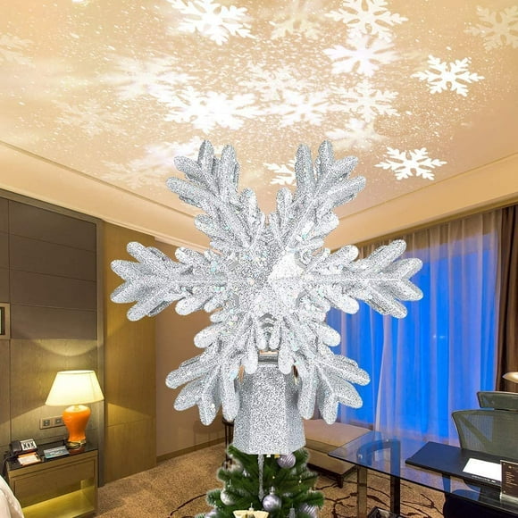 Christmas Tree Topper, Enow 3D Glitter Snowflake Tree Topper, Silver Hollow LED Night Light Snowflake Projector, Tree Topper Lighted Lamp Festival Decorations for Xmas/Holiday/Winter/Party/Home Indoor