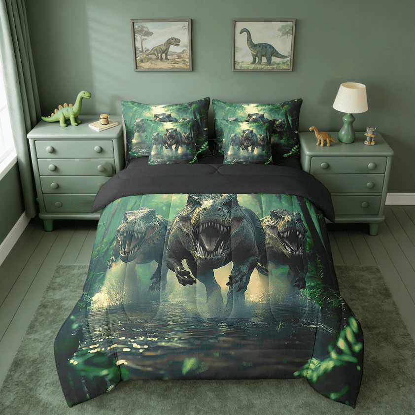 Manfei Cartoon Ancient Dinosaur 7-Piece Bedding Comforter Set,3D Dino Print Jungle Dino King Bedding Sets Wild Animal Bedroom Decor Reversible