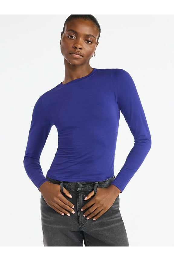 Womens Stretch Cotton Blend Crewneck Tee with Long Sleeves, Sizes XS-XXL