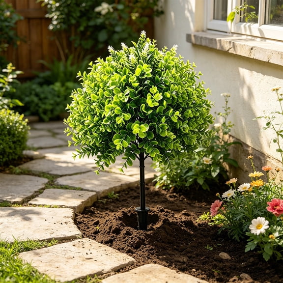 Artificial Eucalyptus Fake Greenery for Outdoor Garden - 19.2in Plastic Foliage with Ground Nails, Waterproof Sunproof Decor for Porch Terrace Backyard