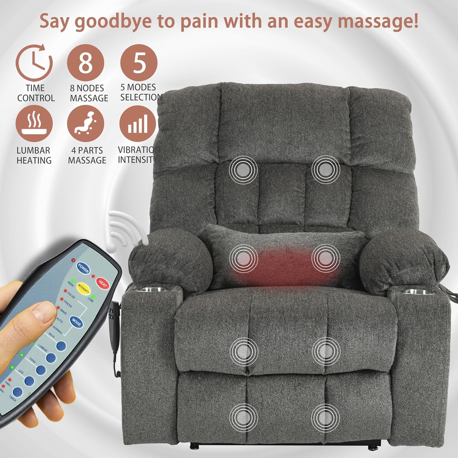 REHOUSING Adult Chenille Living Room Power Lift and Massage Heat Recliners with Cup Holders and Side Pockets, Gray