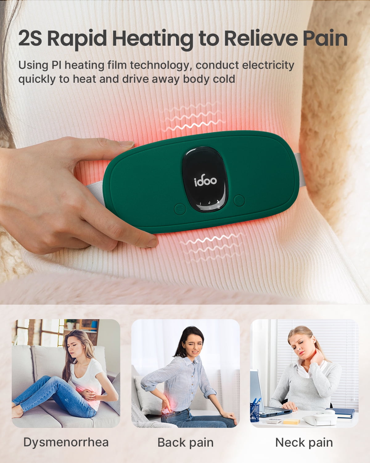 iDOO Cordless Heating Pad for Period Cramps, 3 Heat Setting, 3 Massage Modes,Birthday Mothers Day Gifts for Girlfriend Mom Wife Women, FSA HSA Eligible, Green