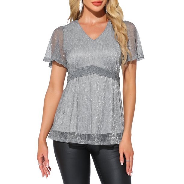 BLUSA BRILLANTE INSPIRE CHIC de Manga Corta para Mujeres, Cuello en V, Peplum, Brillo, Top de Fiesta y Club, Talla XS, Gris Plateado