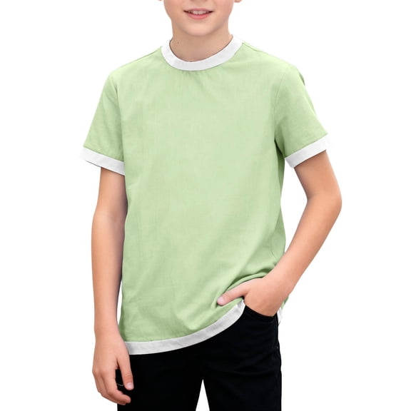 FAHXNVB Boys Cotton Linen Short Sleeve Ringer T Shirts Color Block Crew Neck Tees Tops Soft Casual Fashion Basic Shirts 3-12 Years