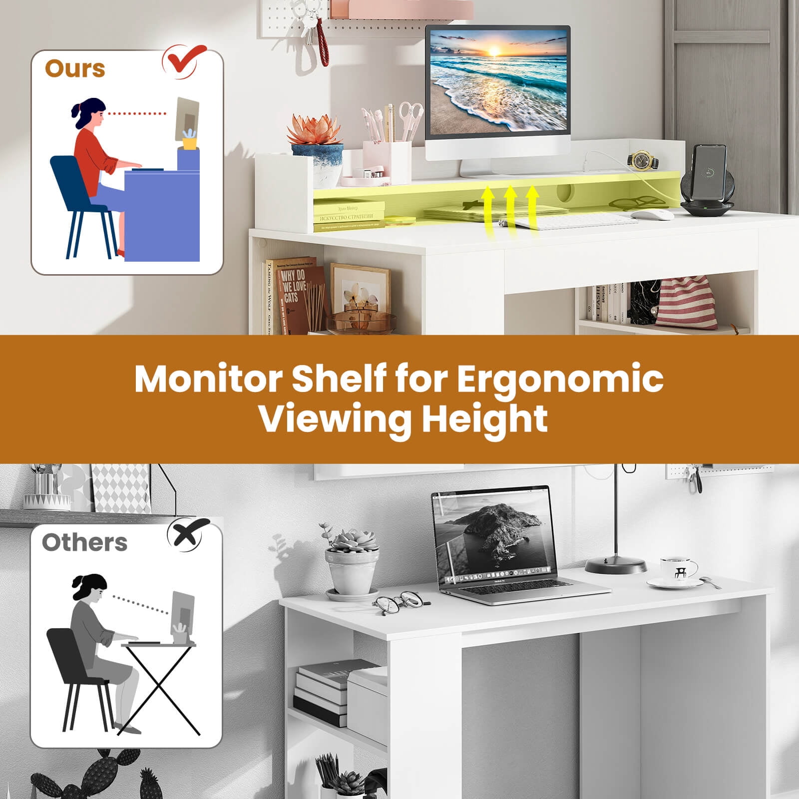 Costway 43" Home Office Desk with Power Outlets Monitor Shelf Bookshelf & Cable Hole
