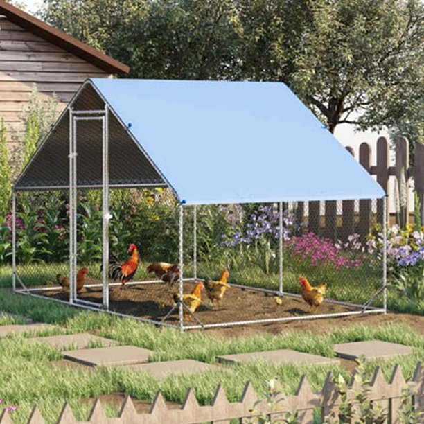 Outdoor Walkin Large Metal Chicken Coop with Waterproof and Cover, Trianglular Roof, 6.5' L x 9