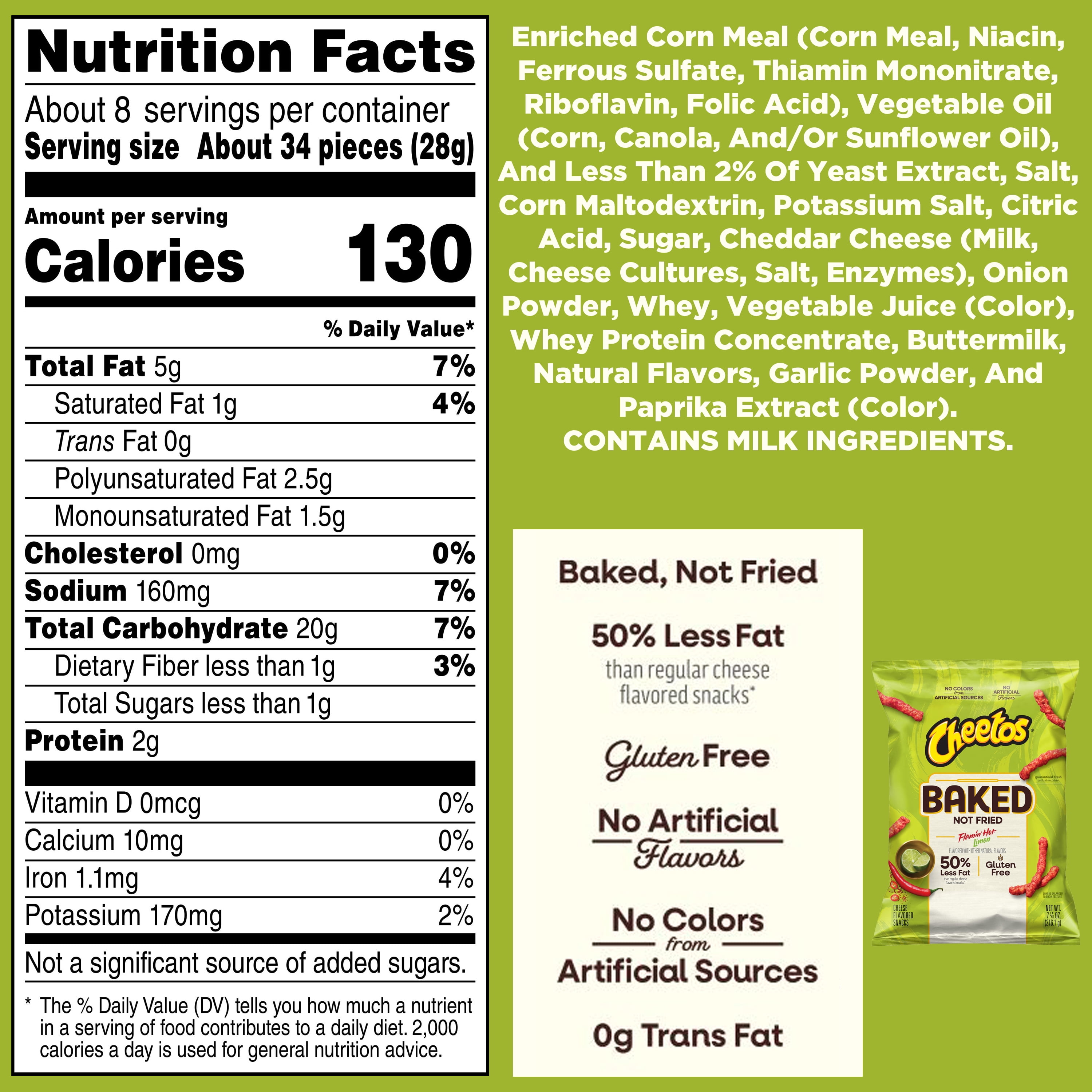 Baked Cheetos Crunchy 50% Less Fat Flamin’ Hot Limon Cheese Flavored Snacks Bag, 7.6 oz