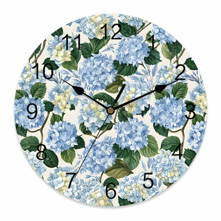 Wall Clock Blue Hydrangea Floral Clocks PVC Silent Non-Ticking Battery Operated Decorative Watercolor Flowers Round Clock for Home Living Room Kitchen Bedroom Office School Wall Decor 14 Inch