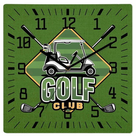 Golf Club Green Wooden Wall Clock Silent Non Ticking, Abstract Vintage Golf Sports Square Wall Clocks Battery Operated, Decor Clock for Home Office, Living Room, Kitchen, 12 Inch