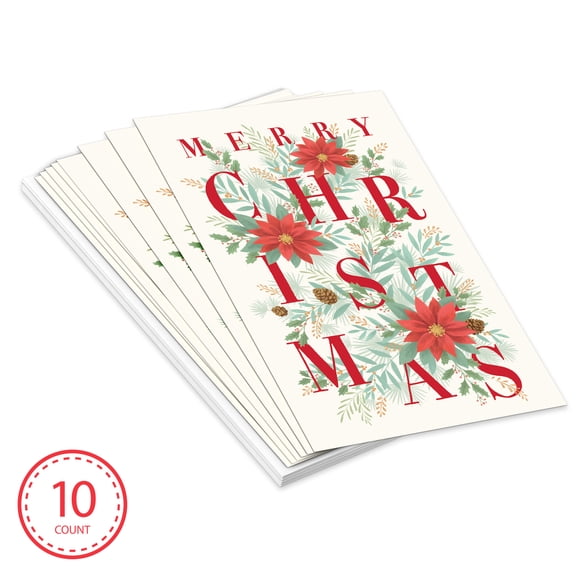 American Greetings 10-Count Christmas Card Pack, Poinsettia Botanical Design