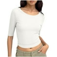 thumbnail image 3 of Scyoekwg Womens Ribbed Knit Crewneck Crop Tops Basic Slim Fit T Shirts Half Sleeve Trendy Solid Color Y2k Going Out Tops (White,L), 3 of 9