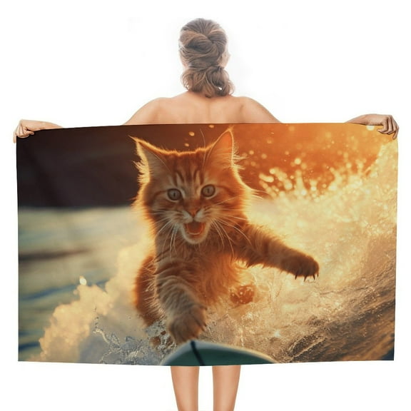 Surfing Cat Beach Towel – with A Unique Design, Extra Large,XL (32”x 63”) for Kids & Adults