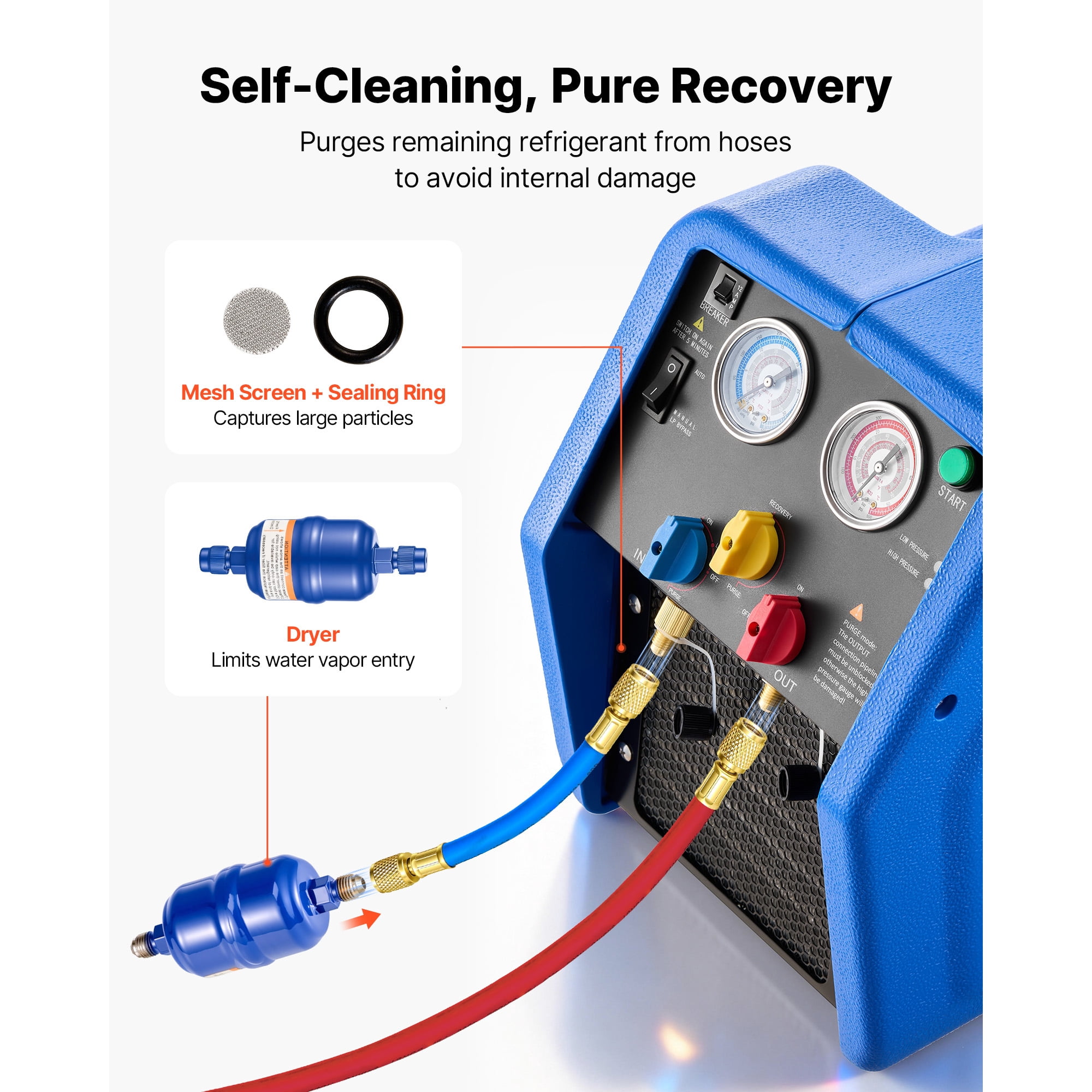 KFFKFF Portable Refrigerant Recovery Unit, 3/4 HP 110V 60Hz Single Cylinder Machine for Liquid and Vapor Refrigerant, 1750 RPM Recycling System for Automotive and Home Air Conditioning