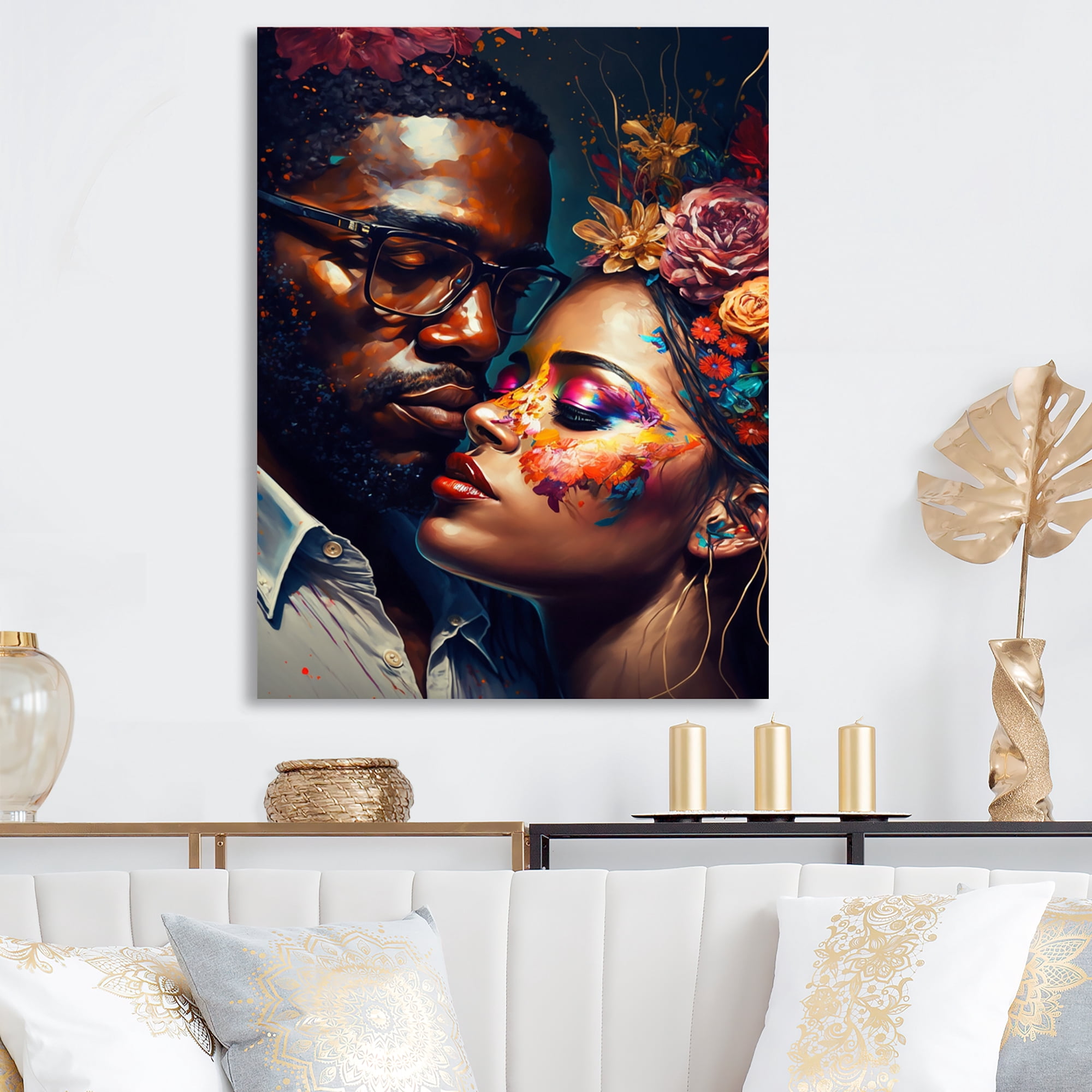 Designart Loving Couple Kissing Floral Design III Canvas Wall Art