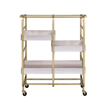 Newboti Furniture Gold and White Washed Serving Cart with 3 Adjustable Trays 24662