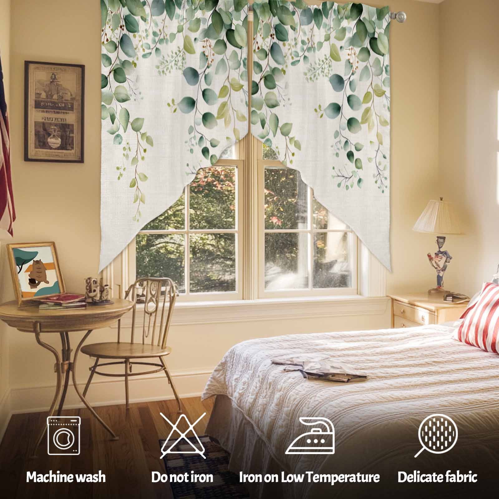 Eucalyptus Leaf Swag Valances for Windows 2 Pack Country Green Plant Linen Texture Swag Kitchen Curtains 63 Inches Long Rod Pocket Short Window Treatment for Kitchen Bathroom 36"x63"