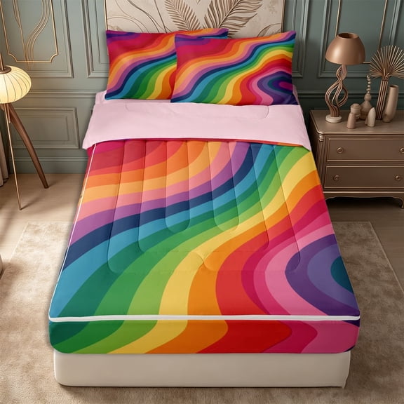 meiyoeat Flat Rainbow Wave Zipper Twin Comforter Sets with Fitted Sheet and 2 Pillowcases,Smooth Curved Striped Seamless Zipper Bedding Set,Bright Pastel,Reversible