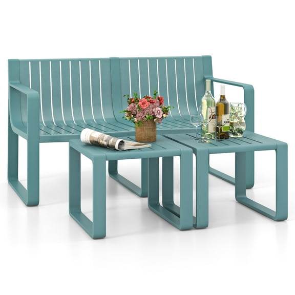 Gymax 3 PCS Patio Furniture Set w/1 Loveseat & 2 Side Tables All-Weather Bistro Set Blue